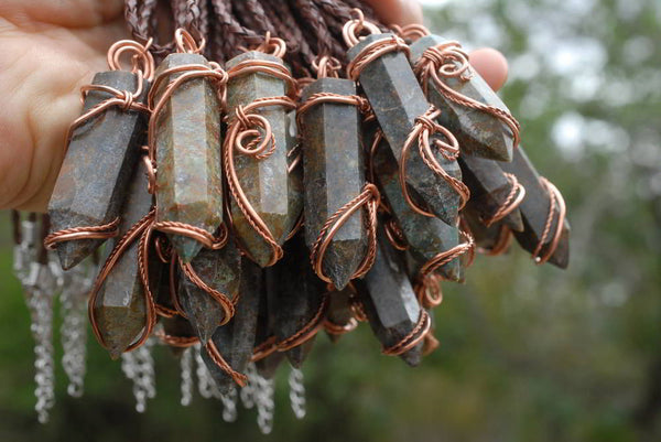 Polished Serpentine Crystals Set In Copper Art Wire Wrap Pendant - sold per piece - From Barberton, South Africa - TopRock