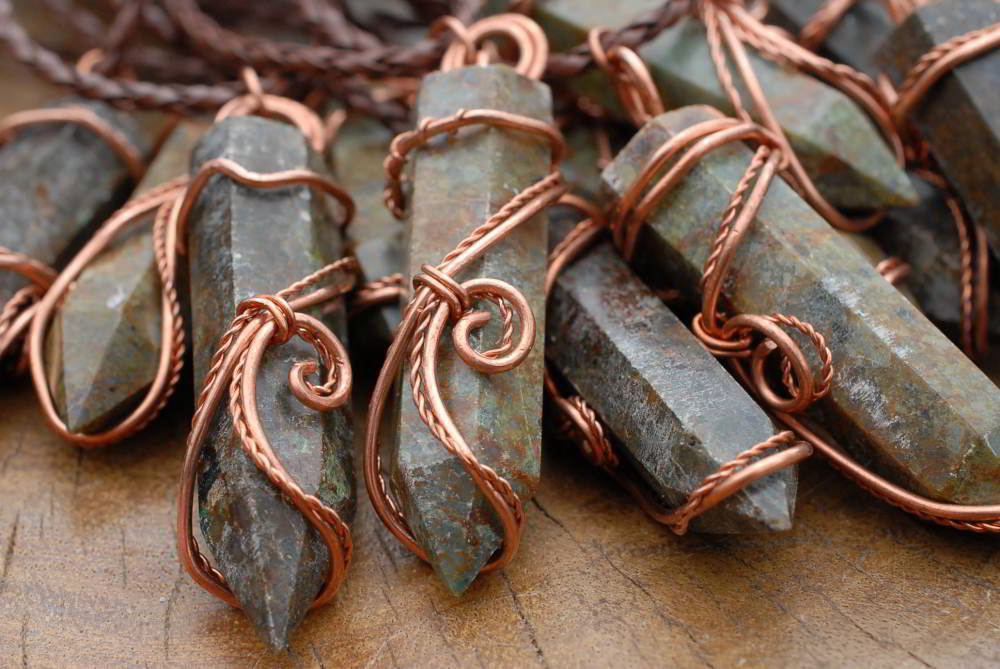 Polished Serpentine Crystals Set In Copper Art Wire Wrap Pendant - sold per piece - From Barberton, South Africa - TopRock