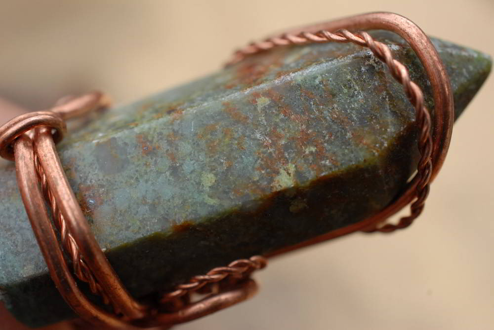Polished Serpentine Crystals Set In Copper Art Wire Wrap Pendant - sold per piece - From Barberton, South Africa - TopRock