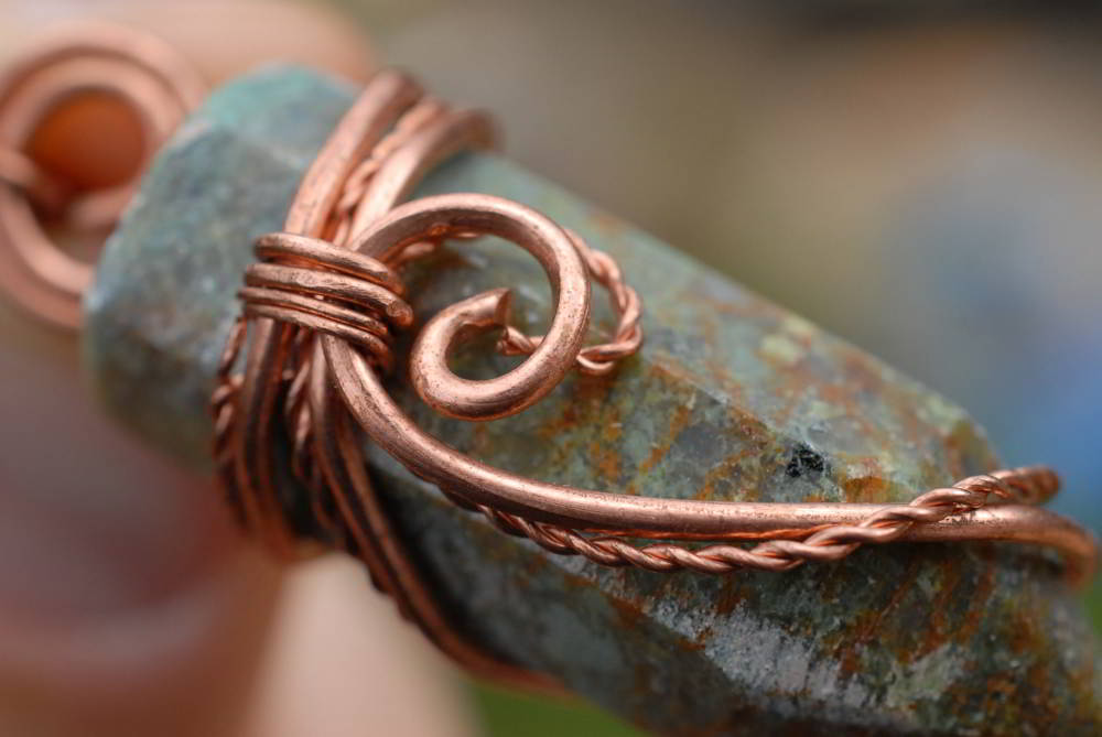 Polished Serpentine Crystals Set In Copper Art Wire Wrap Pendant - sold per piece - From Barberton, South Africa - TopRock