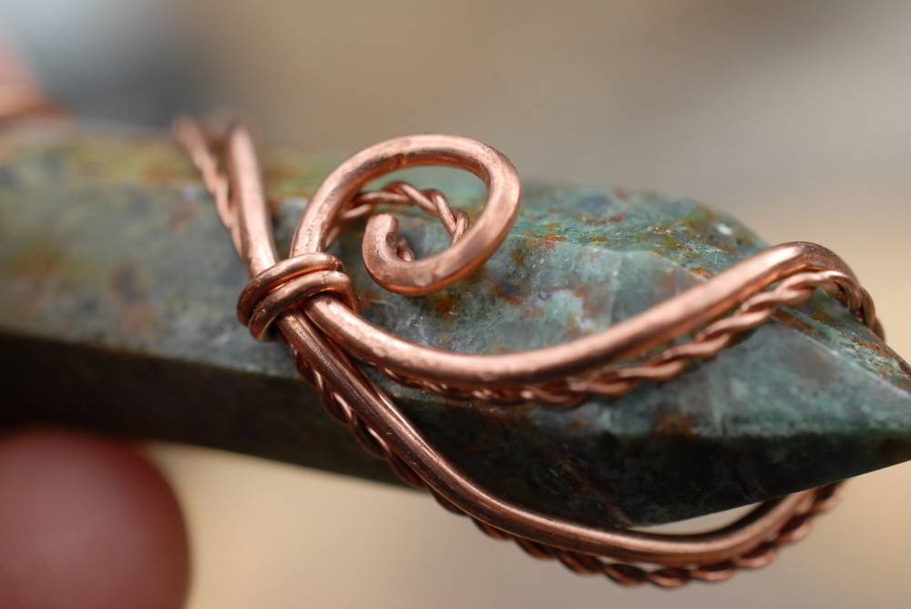 Polished Serpentine Crystals Set In Copper Art Wire Wrap Pendant - sold per piece - From Barberton, South Africa - TopRock