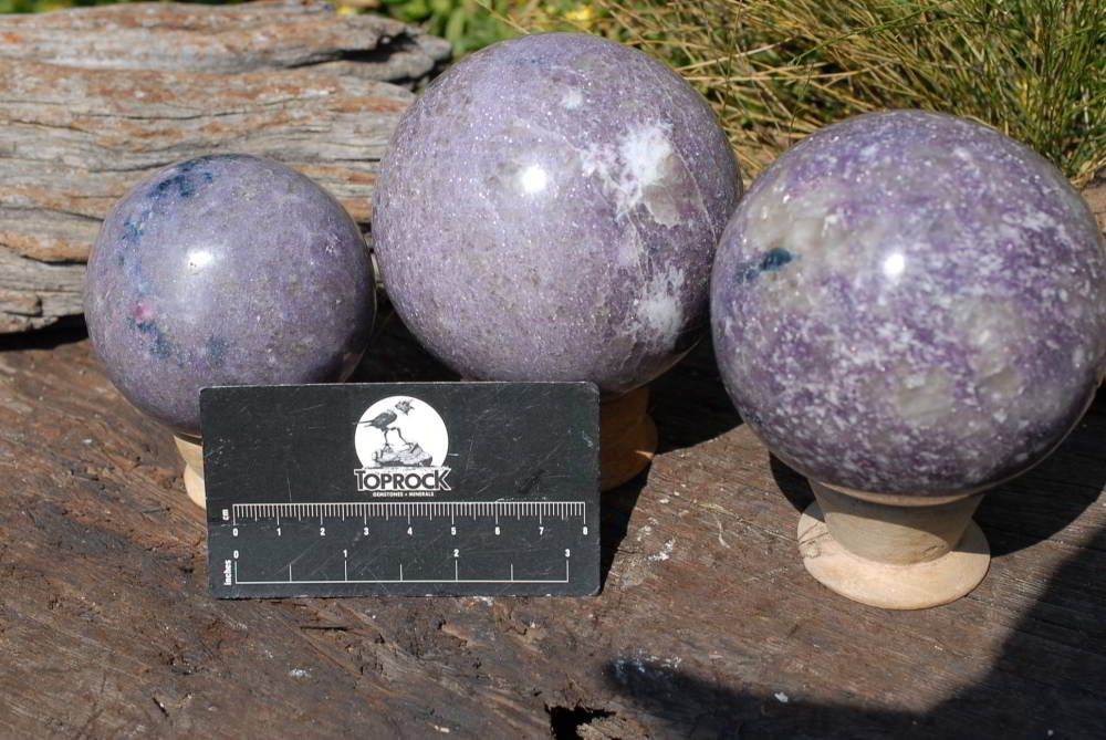 Polished Lepidolite Spheres (One with Indicolite Blue Tourmaline) x 3 From Madagascar - TopRock