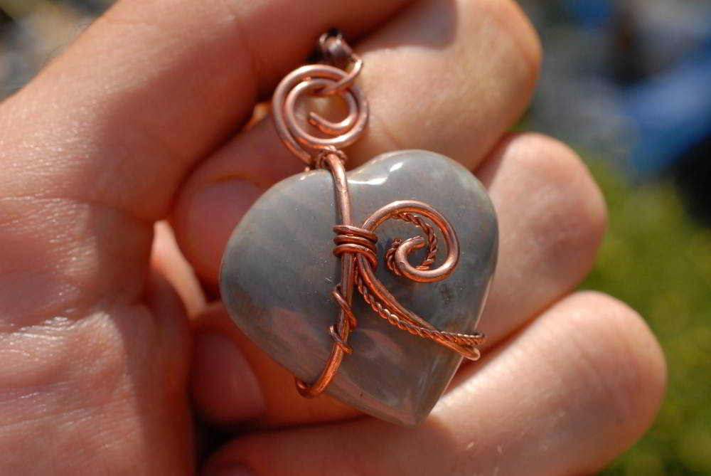 Polished Polychrome Jasper Mini Hearts Set In Copper Art Wire Wrap Pendant - sold per piece From Mahajunga, Madagascar - TopRock
