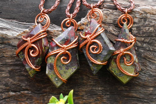 Polished Rare Bastite (Epidote & Piedmontite) Dragon Blood Stone Free forms Set In Copper Art Wire Wrap Pendant - sold per piece From South Africa - TopRock