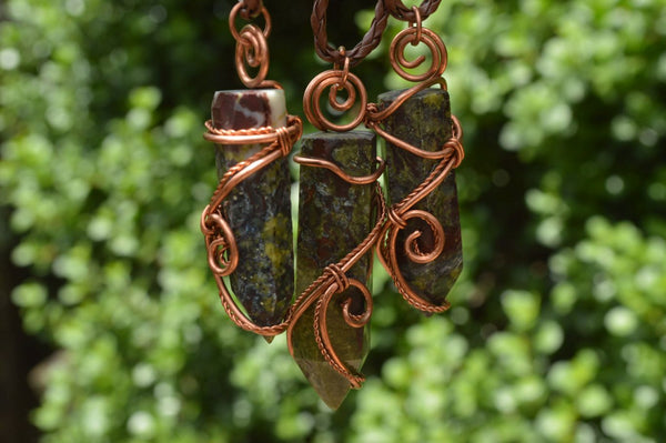 Polished Bastite (Epidote Piemontite) Dragons Blood Stone Crystals Set In Copper Art Wire Wrap Pendant - sold per piece - South Africa - TopRock