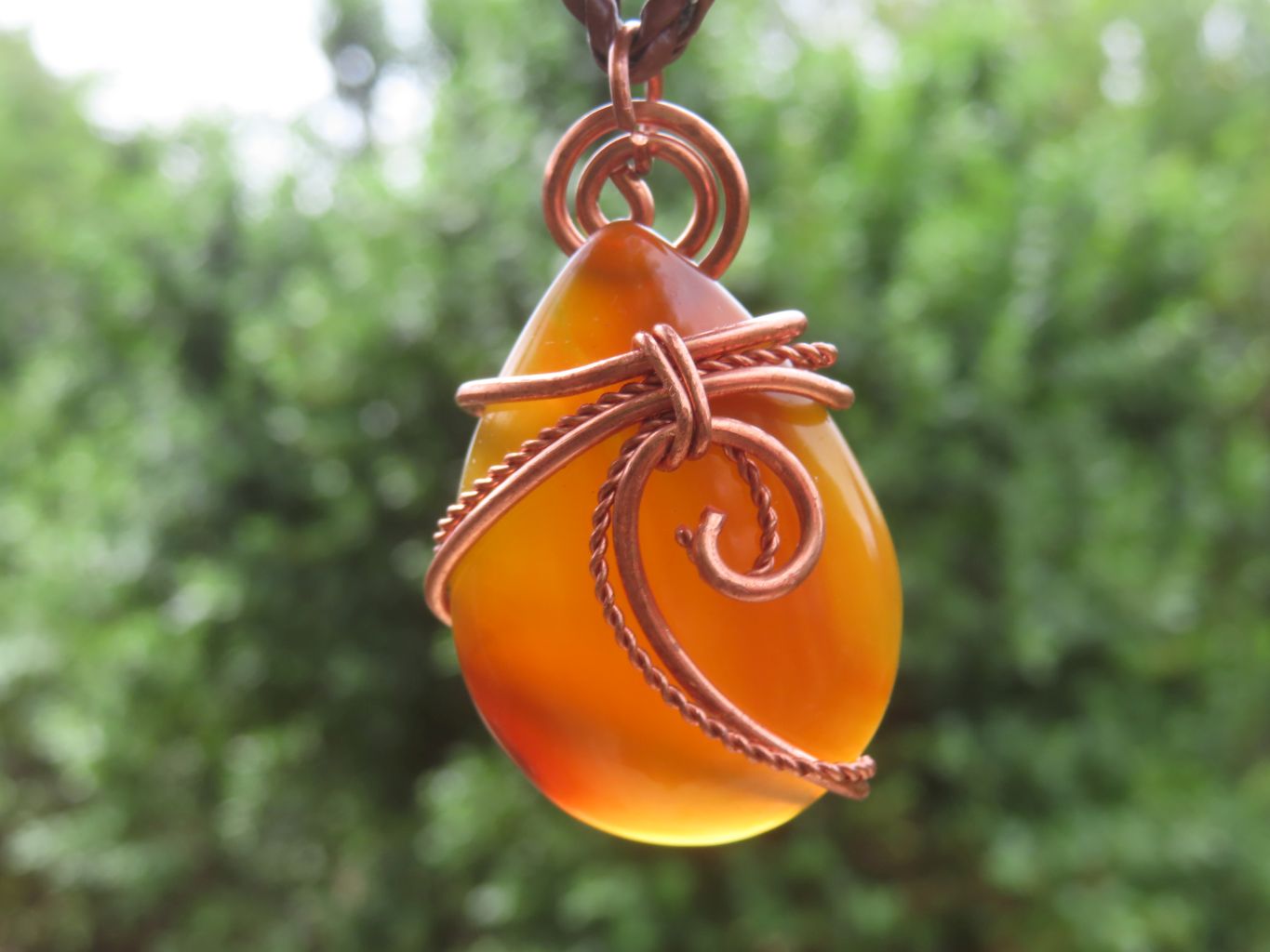 Polished Selected Carnelian Jewellery Free Forms set with Wire Wrap Copper Art Pendant & braided Thong - Sold per Piece - From Madagascar - TopRock