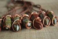 Polished Bastite (Epidote Piemontite) Dragons Blood Stone Crystals Set In Copper Art Wire Wrap Pendant - sold per piece - South Africa - TopRock
