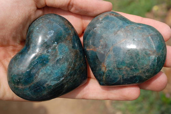 Polished Dark Beautiful Variably Gemmy Blue Apatite Hearts x 6 From Madagascar - TopRock