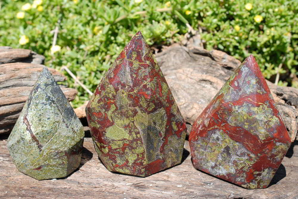 Polished Dragon Blood Stone (Bastite: Epidote, Piedmontite) Crystal Points x 3 From Tshipise, South Africa - TopRock
