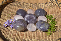 Polished Mixed Tray Of Rose Quartz & Lepidolite Palm Stones x 24 From Madagascar - TopRock