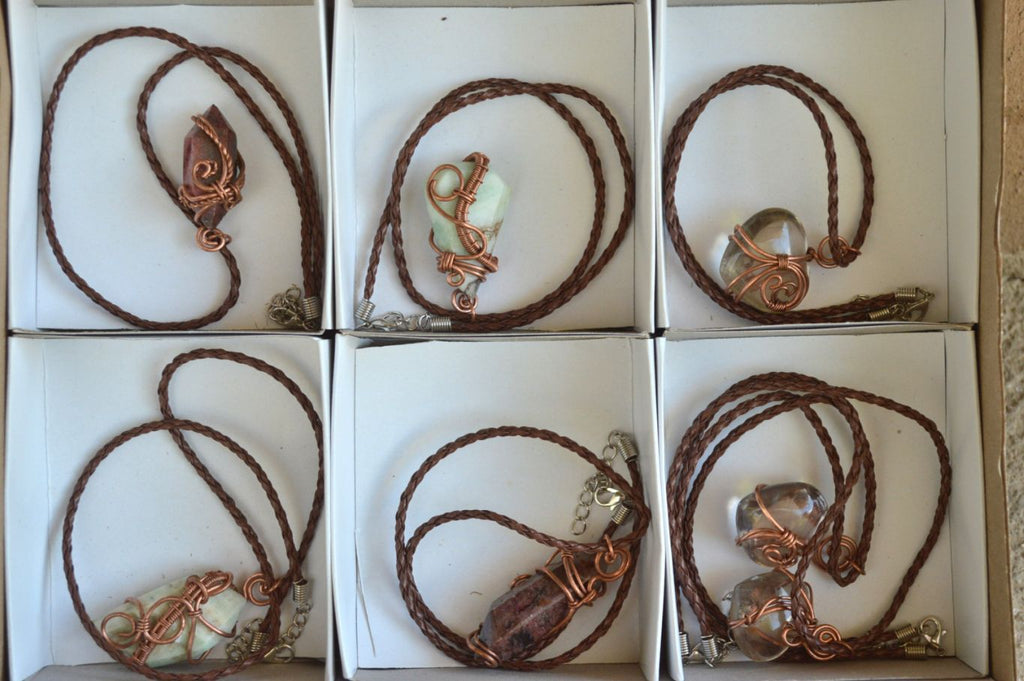 Polished Mixed Jewellery Free Forms With Copper Art Wire Pendants x 7 From Southern Africa - TopRock