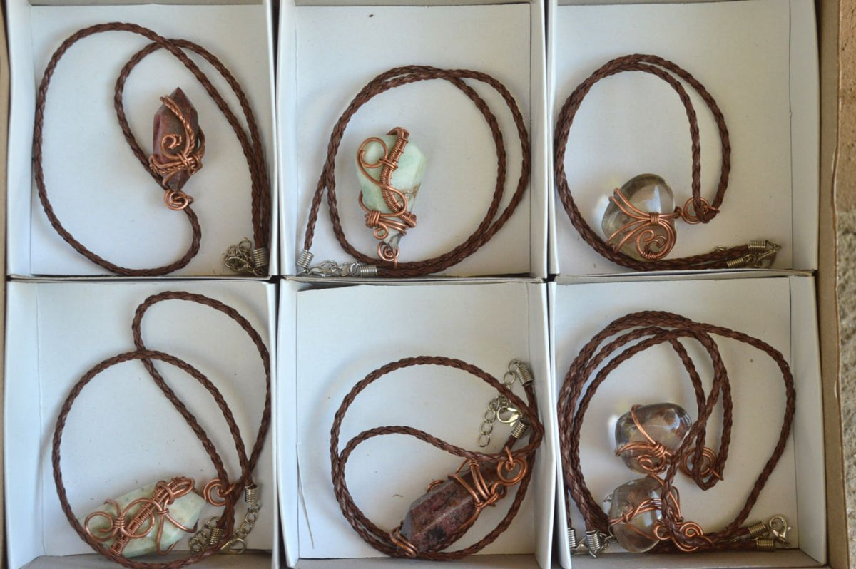 Polished Mixed Jewellery Free Forms With Copper Art Wire Pendants x 7 From Southern Africa - TopRock