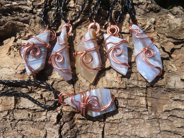 Polished Blue Lace Agate Faceted Jewellery Free Form In Copper Art Wire Wrapped With Plaited Chord & Clasp -  sold per piece From Namibia - TopRock