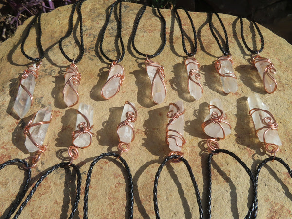 Natural Quartz Crystal Copper Art Wire Wrap Pendants with Thong - Sold per piece From South Africa - TopRock