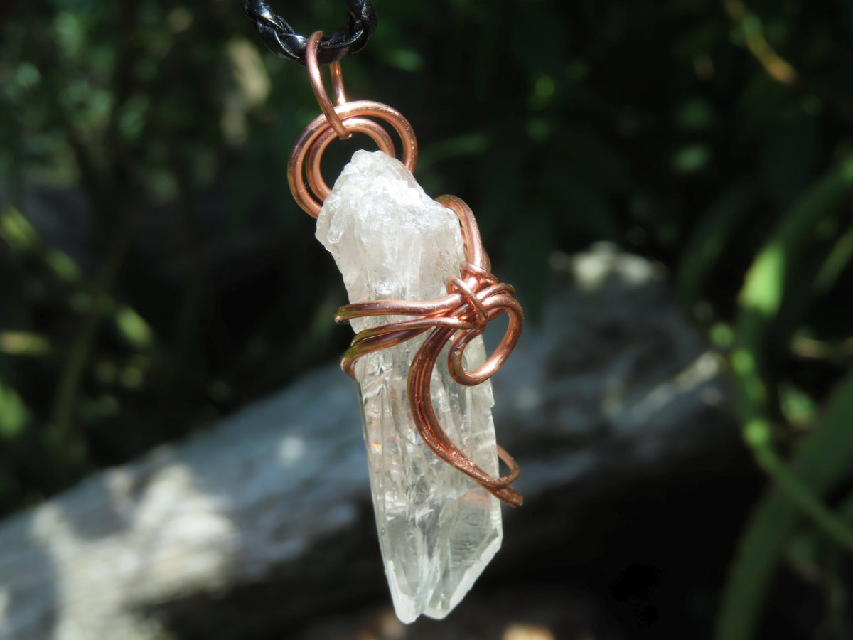 Natural Quartz Crystal Copper Art Wire Wrap Pendants with Thong - Sold per piece From South Africa - TopRock