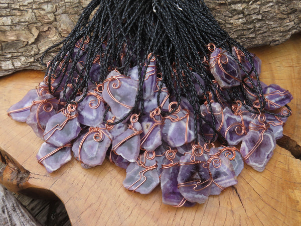 Polished Amethyst Slices Of Crystals Set In Copper Art Wire Wrap Pendant - sold per piece From Zambia - TopRock