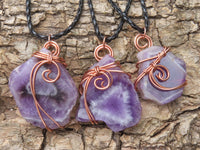 Polished Amethyst Slices Of Crystals Set In Copper Art Wire Wrap Pendant - sold per piece From Zambia - TopRock
