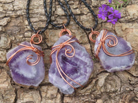 Polished Amethyst Slices Of Crystals Set In Copper Art Wire Wrap Pendant - sold per piece From Zambia - TopRock