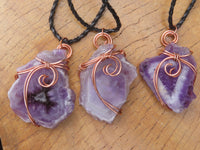 Polished Amethyst Slices Of Crystals Set In Copper Art Wire Wrap Pendant - sold per piece From Zambia - TopRock