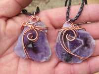 Polished Amethyst Slices Of Crystals Set In Copper Art Wire Wrap Pendant - sold per piece From Zambia - TopRock