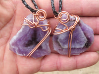 Polished Amethyst Slices Of Crystals Set In Copper Art Wire Wrap Pendant - sold per piece From Zambia - TopRock