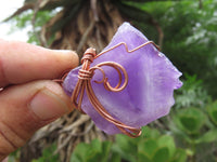 Polished Amethyst Slices Of Crystals Set In Copper Art Wire Wrap Pendant - sold per piece From Zambia - TopRock