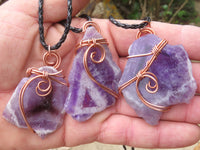Polished Amethyst Slices Of Crystals Set In Copper Art Wire Wrap Pendant - sold per piece From Zambia - TopRock