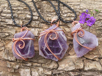 Polished Amethyst Slices Of Crystals Set In Copper Art Wire Wrap Pendant - sold per piece From Zambia - TopRock