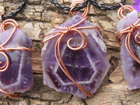 Polished Amethyst Slices Of Crystals Set In Copper Art Wire Wrap Pendant - sold per piece From Zambia - TopRock