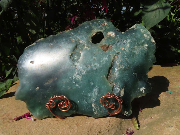 Polished One Side Mtorolite Emerald Chrysoprase Free Form & A Plate With Copper Art Stands x 3 From Mutorashanga, Zimbabwe - TopRock