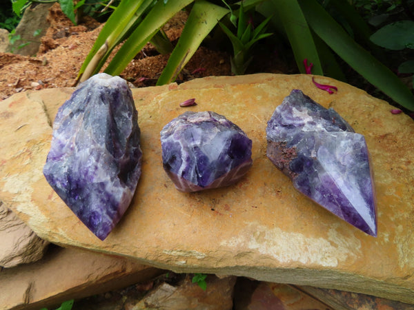 Polished Large Polished On Top Chevron Amethyst (Witches Hats) Quartz Crystal Points x 3 From Zambia - TopRock