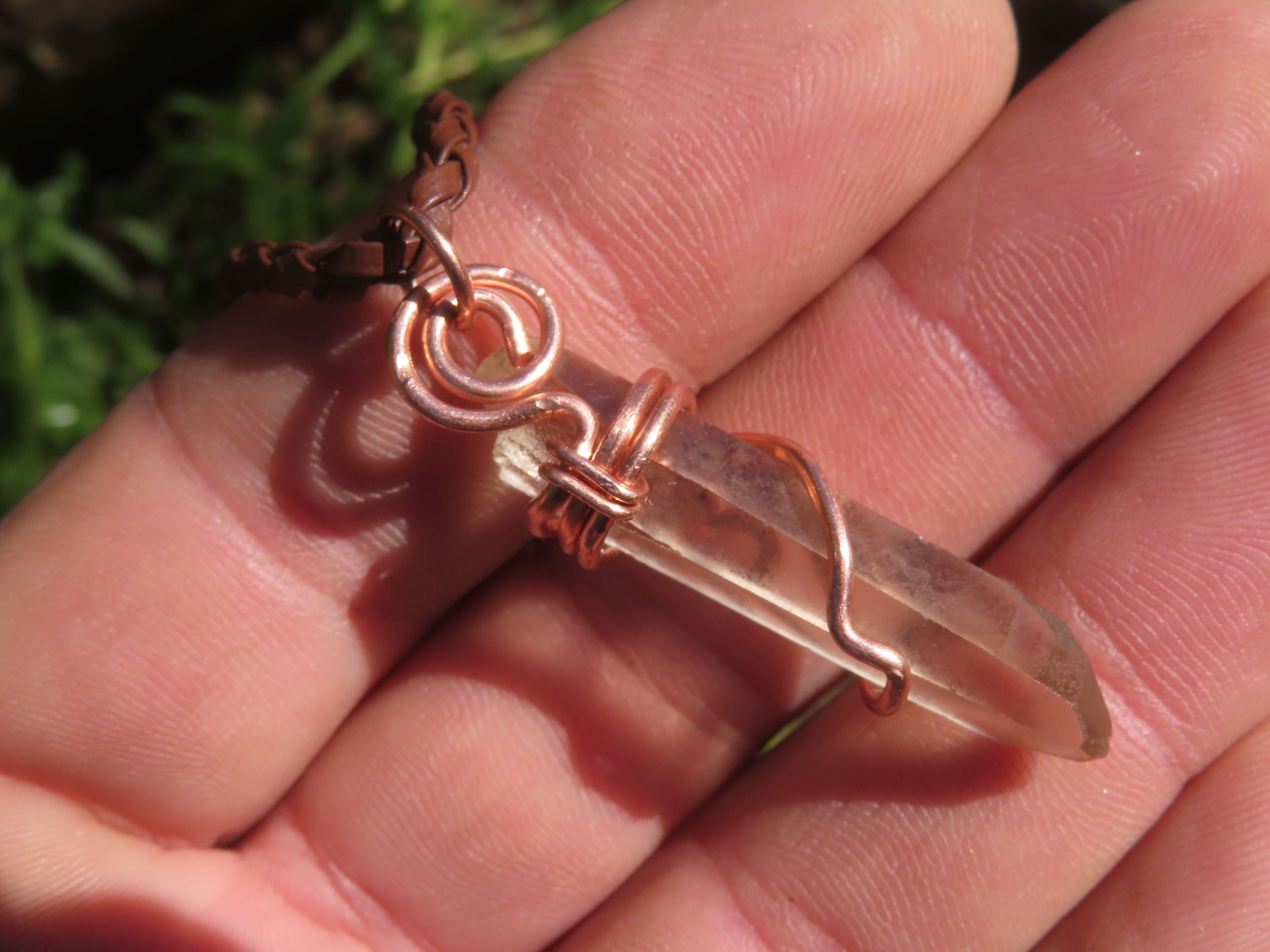 Natural Smokey Quartz Crystals with Copper Art Wire Wrap Pendant with Thong - Sold per piece - From Zimbabwe - TopRock