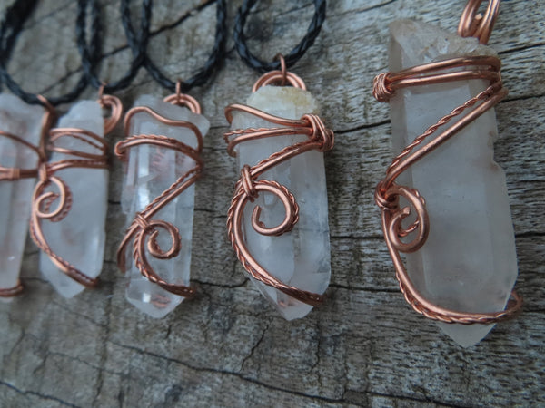 Natural Quartz Crystal Copper Art Wire Wrap Pendants with Thong - Sold per piece From Madagascar - TopRock