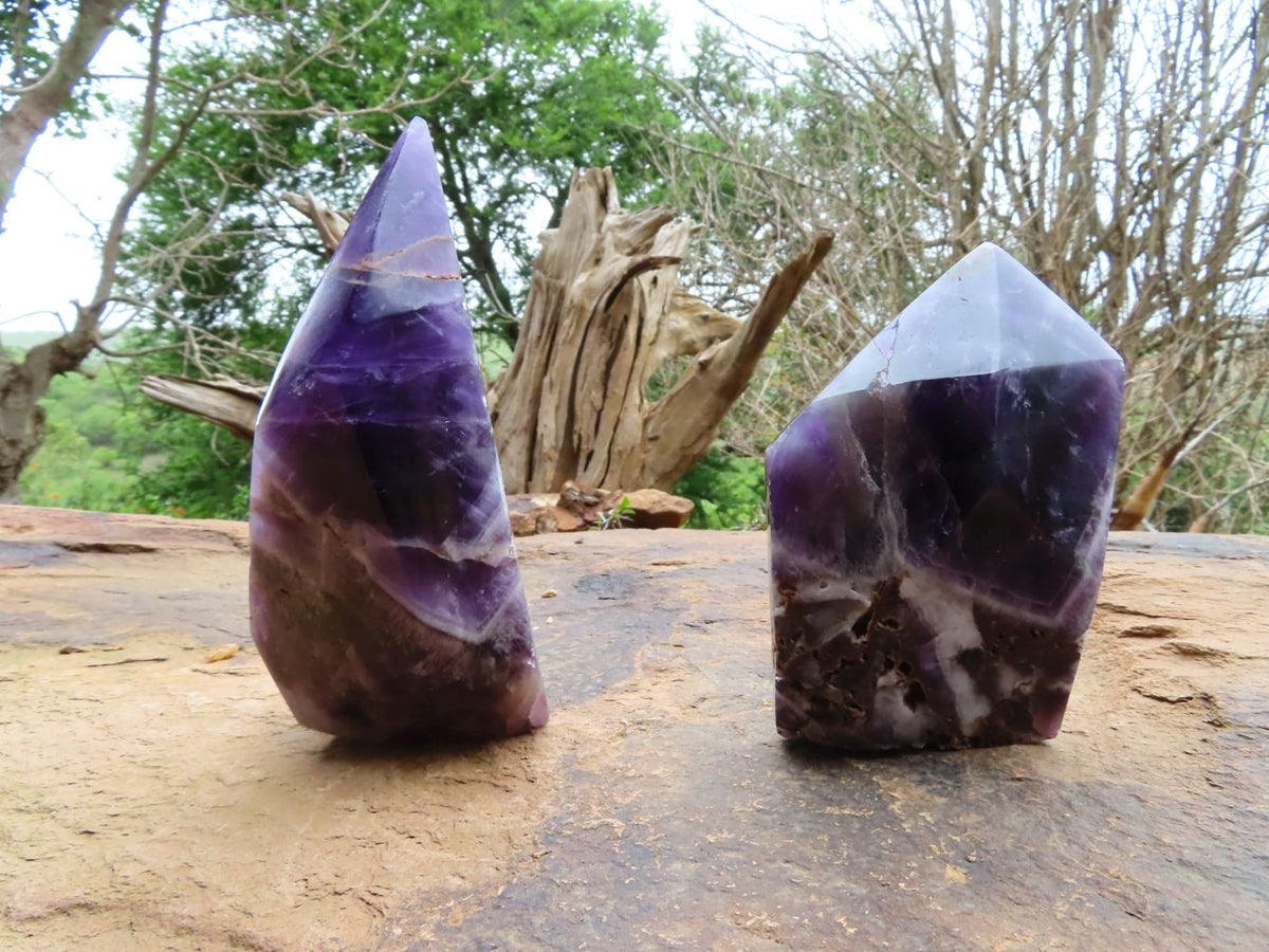 Polished Gemmy Chevron Amethyst Quartz Crystal Points x 2 From Kolomo, Zambia - TopRock