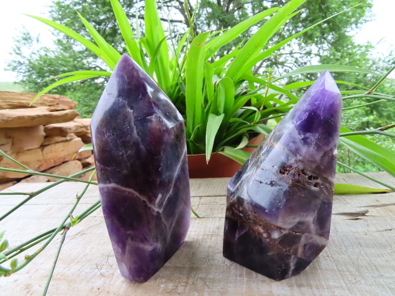 Polished Gemmy Chevron Amethyst Quartz Crystal Points x 2 From Kolomo, Zambia - TopRock