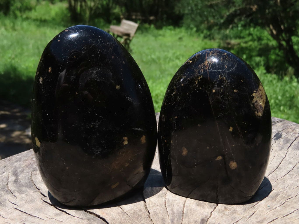 Polished Black Tourmaline Standing Free Forms With Biotite Mica Patterns x 3 From Madagascar - TopRock
