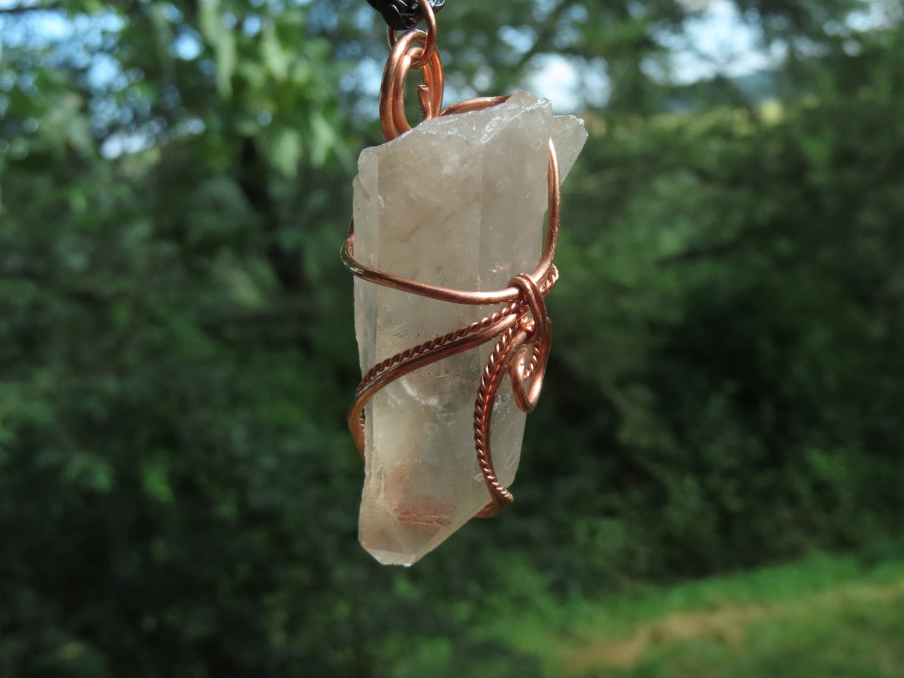 Natural Smokey Optic Quartz in Copper Art Wire Wrap Pendant