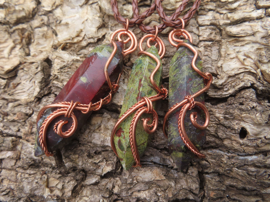 Polished Bastite (Epidote Piemontite) Dragons Blood Stone Crystals Set In Copper Art Wire Wrap Pendant - sold per piece - South Africa - TopRock