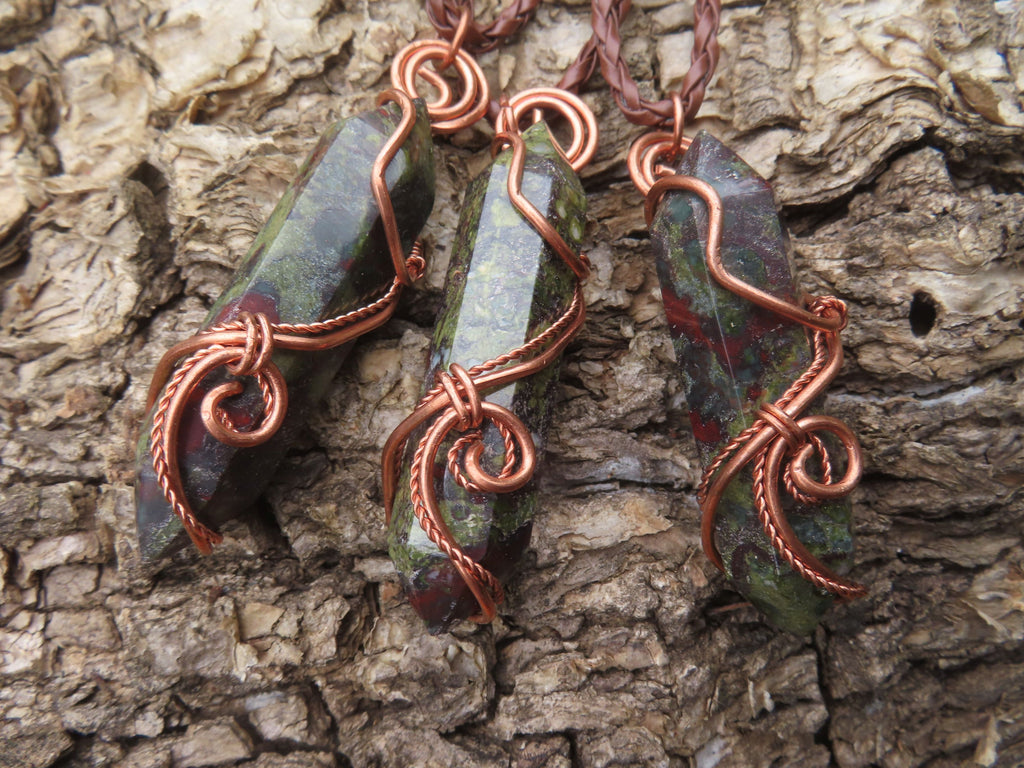 Polished Bastite (Epidote Piemontite) Dragons Blood Stone Crystals Set In Copper Art Wire Wrap Pendant - sold per piece - South Africa - TopRock
