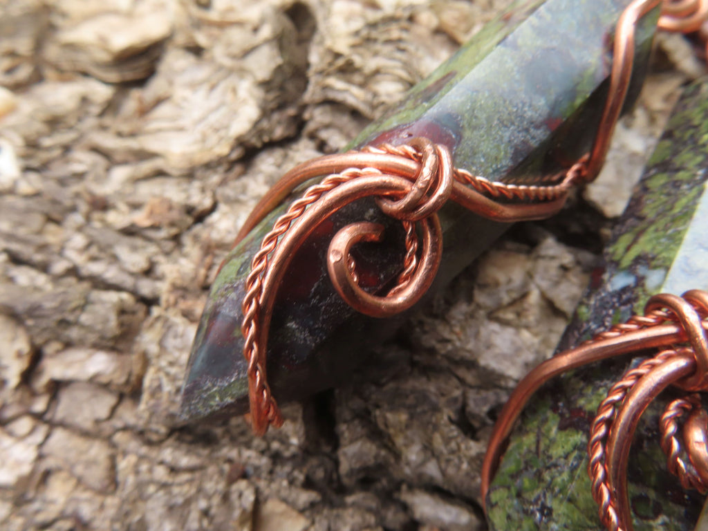 Polished Bastite (Epidote Piemontite) Dragons Blood Stone Crystals Set In Copper Art Wire Wrap Pendant - sold per piece - South Africa - TopRock