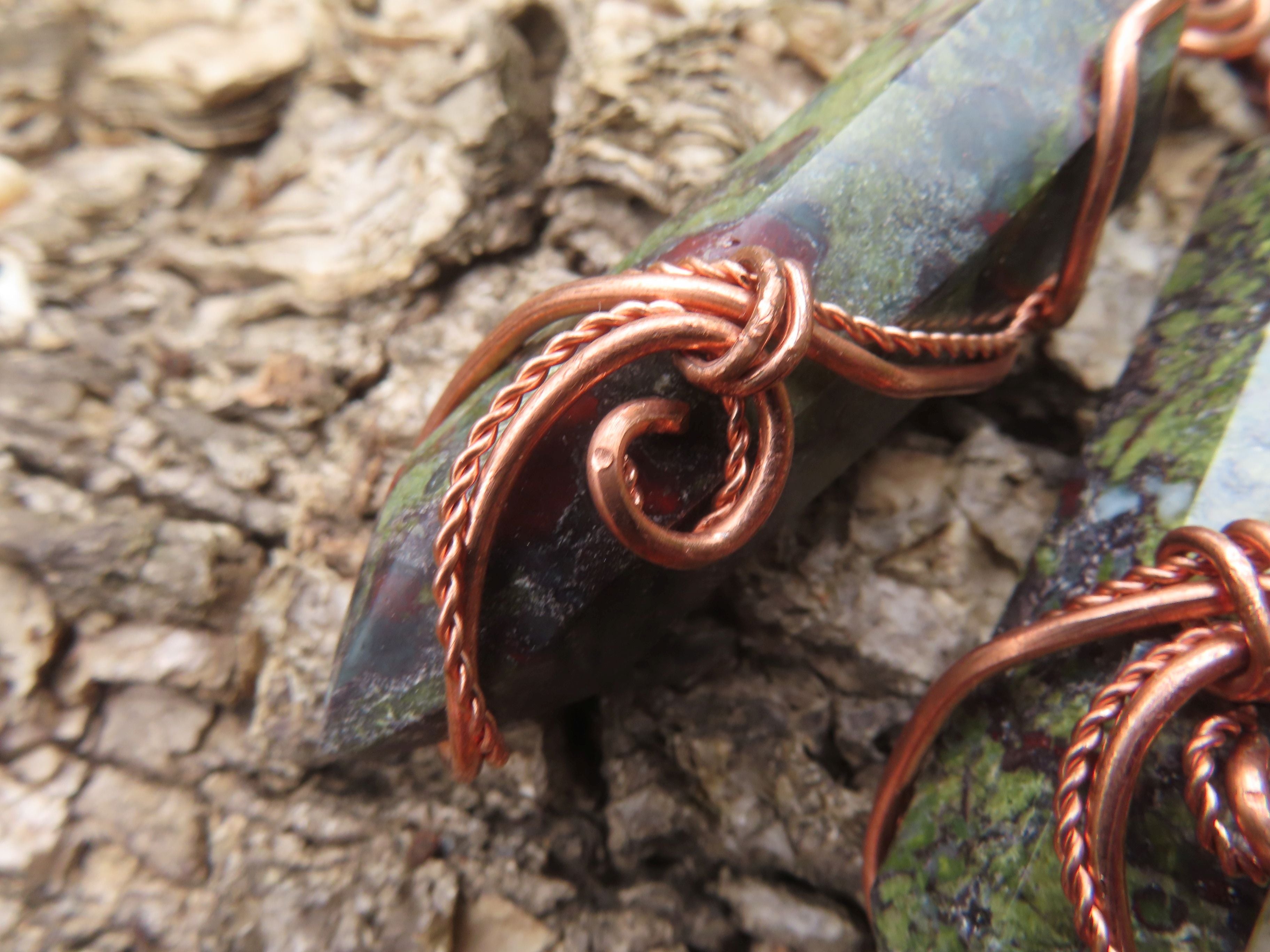 Polished Bastite (Epidote Piemontite) Dragons Blood Stone Crystals Set In Copper Art Wire Wrap Pendant - sold per piece - South Africa - TopRock