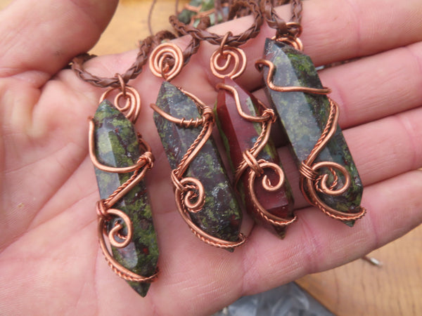 Polished Bastite (Epidote Piemontite) Dragons Blood Stone Crystals Set In Copper Art Wire Wrap Pendant - sold per piece - South Africa - TopRock