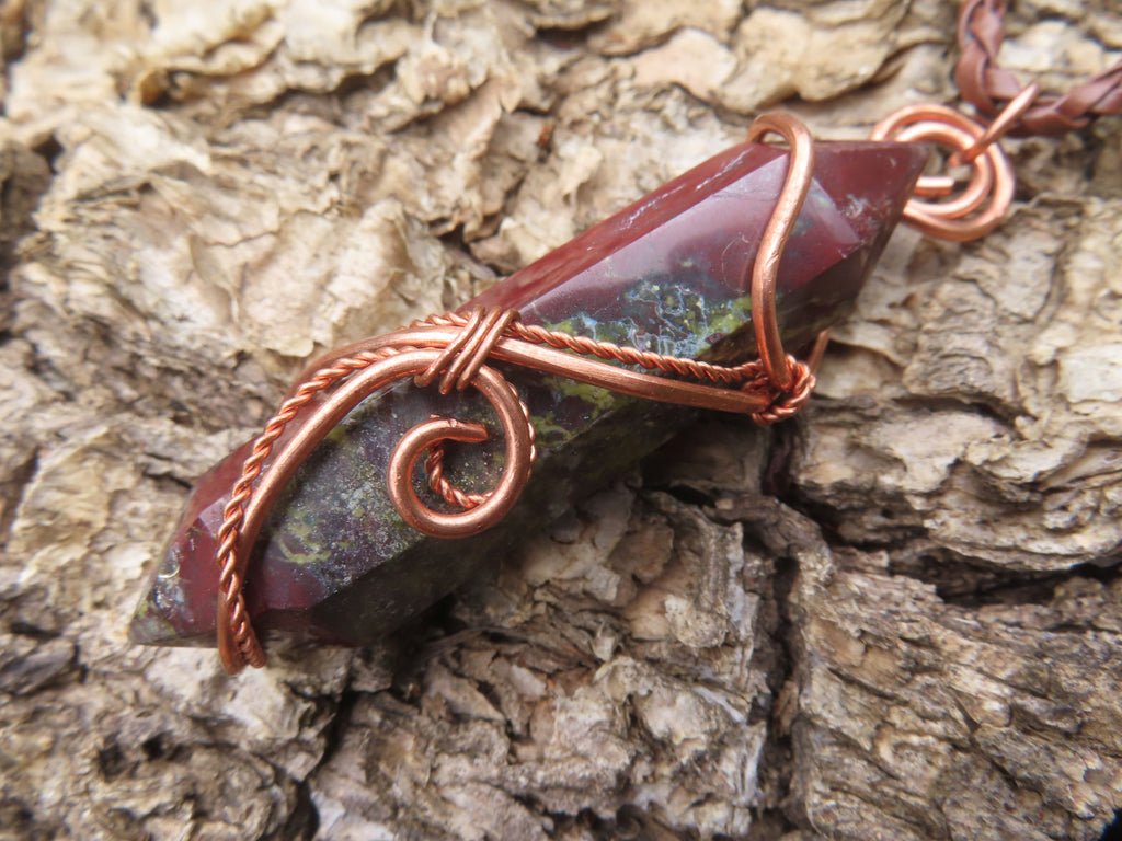Polished Bastite (Epidote Piemontite) Dragons Blood Stone Crystals Set In Copper Art Wire Wrap Pendant - sold per piece - South Africa - TopRock