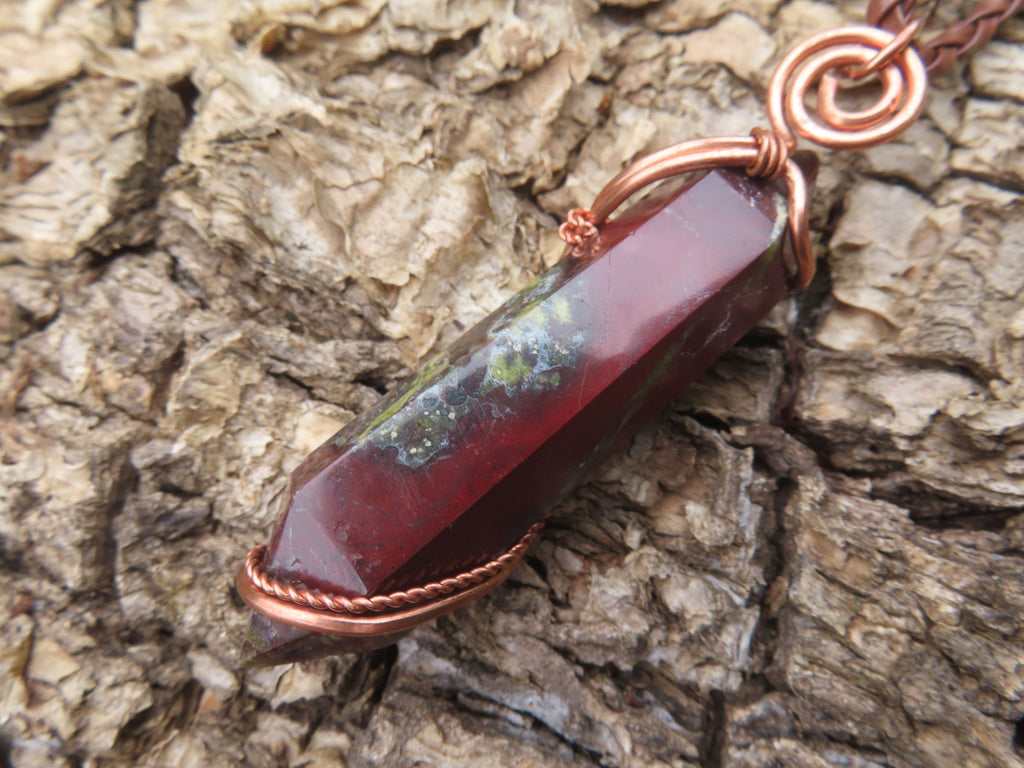Polished Bastite (Epidote Piemontite) Dragons Blood Stone Crystals Set In Copper Art Wire Wrap Pendant - sold per piece - South Africa - TopRock