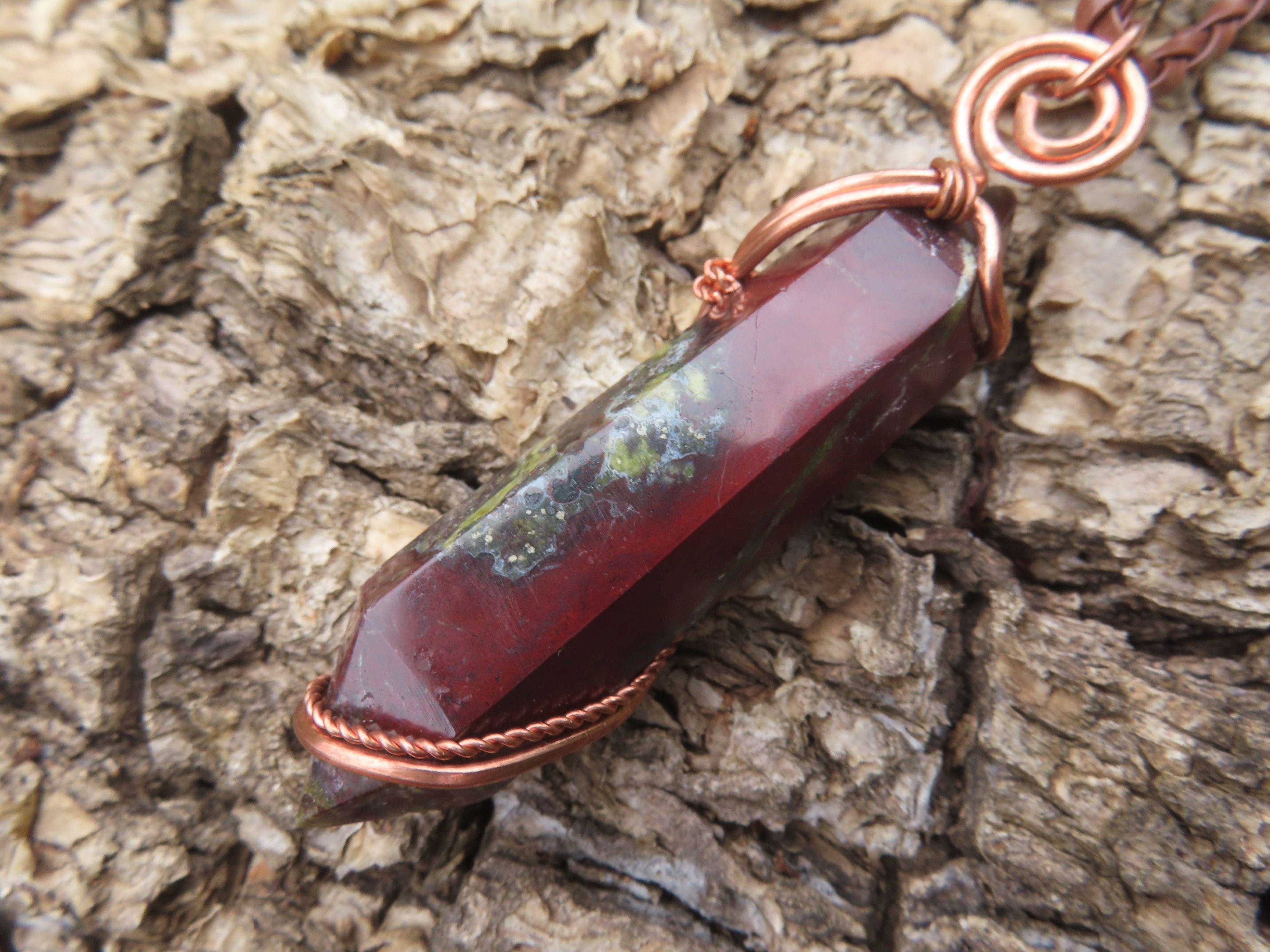 Polished Bastite (Epidote Piemontite) Dragons Blood Stone Crystals Set In Copper Art Wire Wrap Pendant - sold per piece - South Africa - TopRock