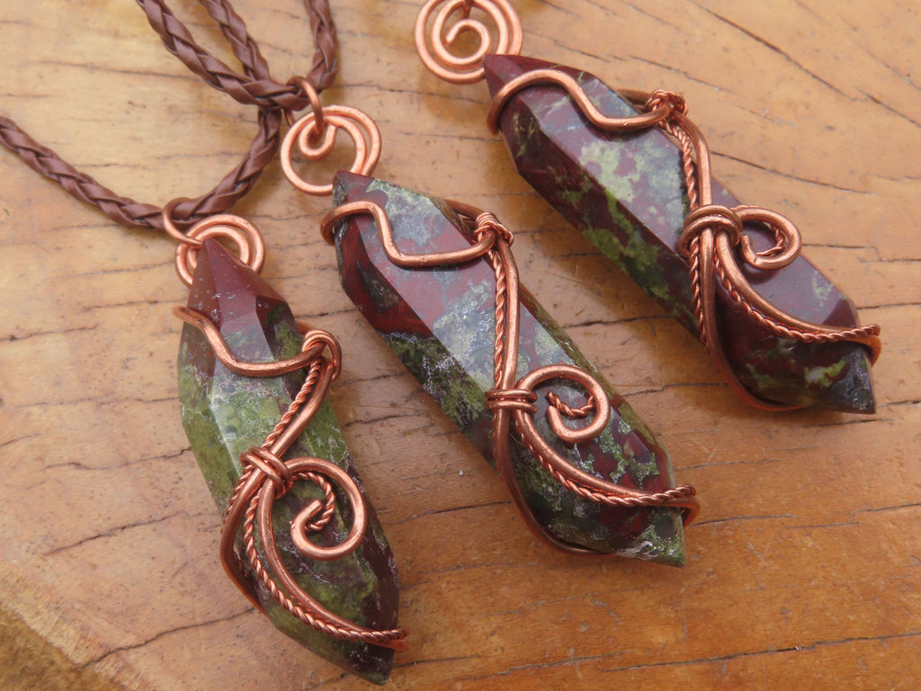 Polished Bastite (Epidote Piemontite) Dragons Blood Stone Crystals Set In Copper Art Wire Wrap Pendant - sold per piece - South Africa - TopRock