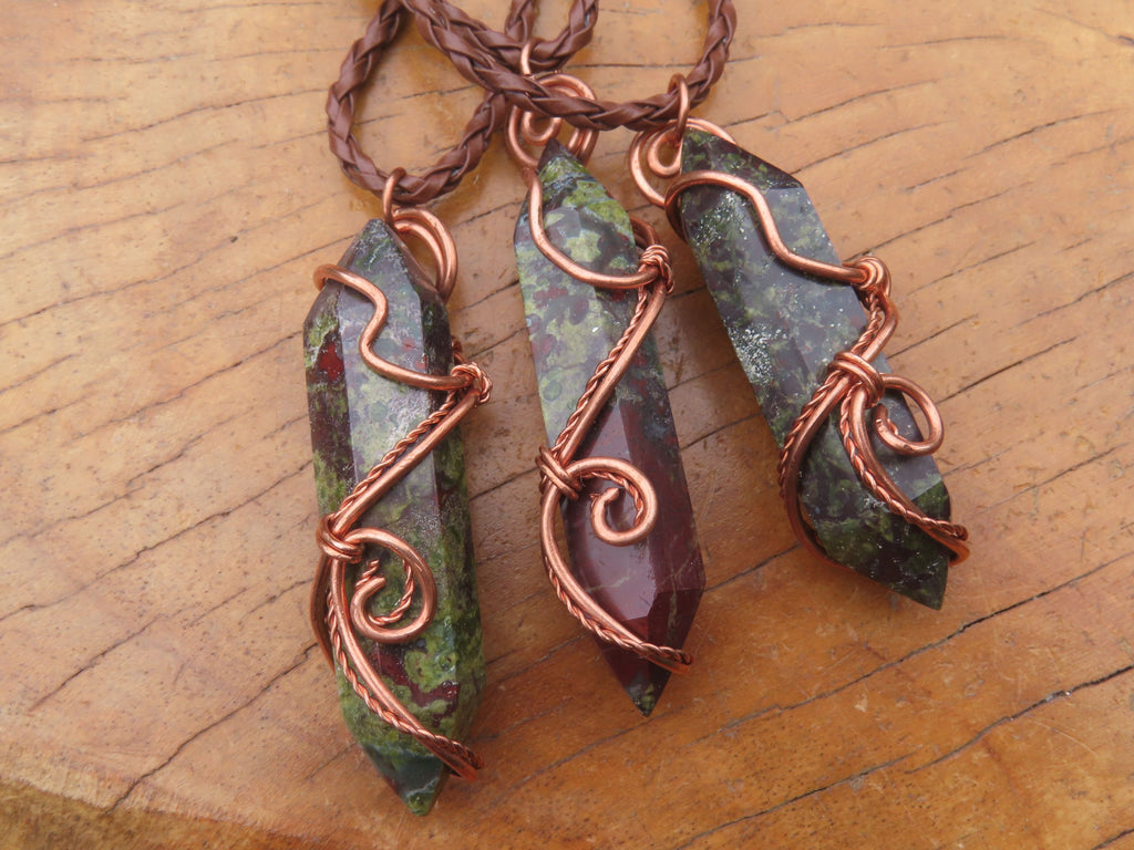 Polished Bastite (Epidote Piemontite) Dragons Blood Stone Crystals Set In Copper Art Wire Wrap Pendant - sold per piece - South Africa - TopRock