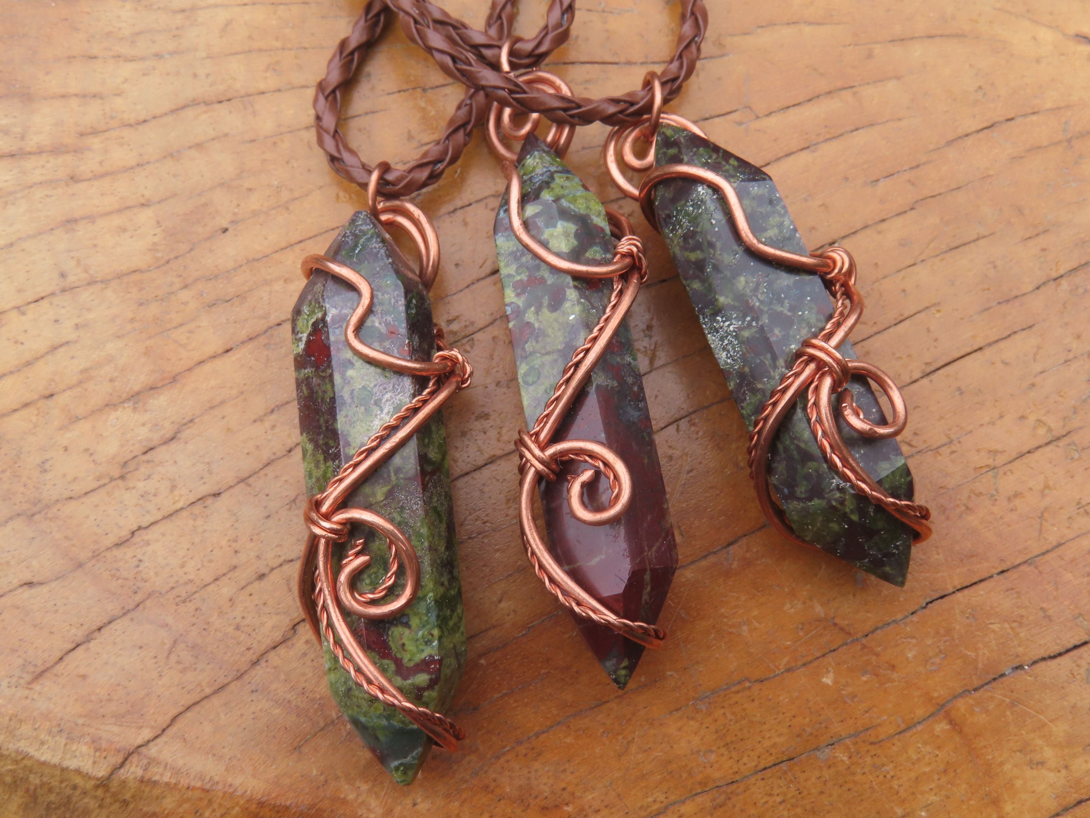 Polished Bastite (Epidote Piemontite) Dragons Blood Stone Crystals Set In Copper Art Wire Wrap Pendant - sold per piece - South Africa - TopRock