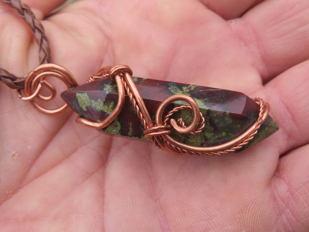 Polished Bastite (Epidote Piemontite) Dragons Blood Stone Crystals Set In Copper Art Wire Wrap Pendant - sold per piece - South Africa - TopRock