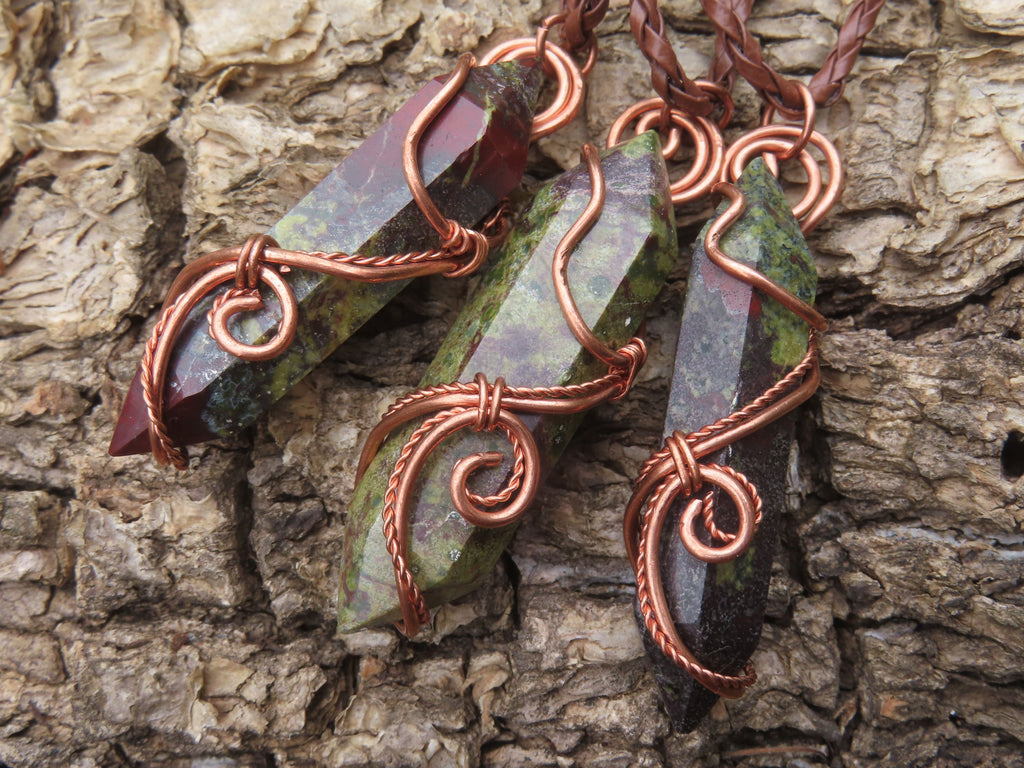 Polished Bastite (Epidote Piemontite) Dragons Blood Stone Crystals Set In Copper Art Wire Wrap Pendant - sold per piece - South Africa - TopRock